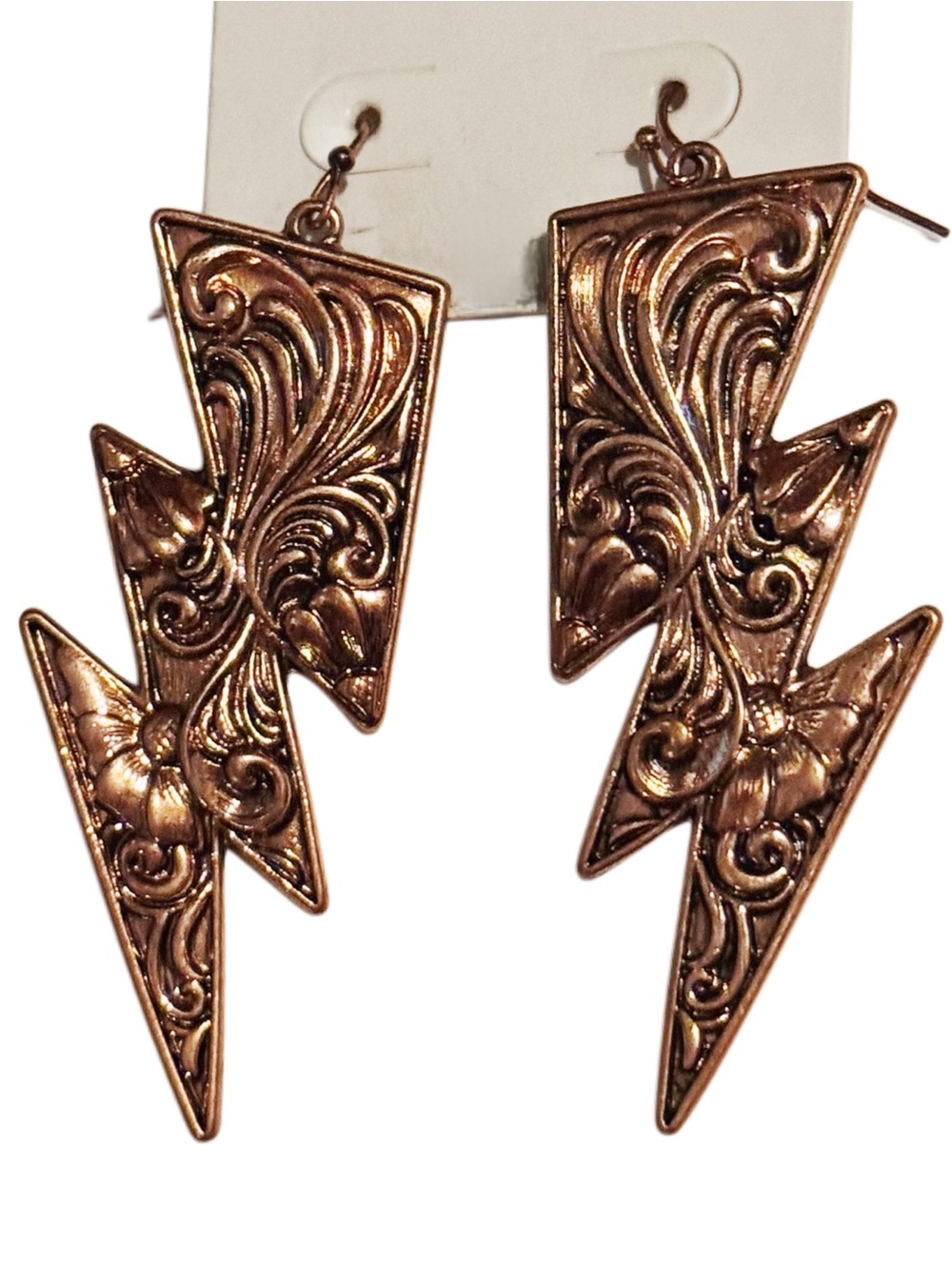 NWOT- Copper toned Engraved Metal Lightning Bolt Earrings